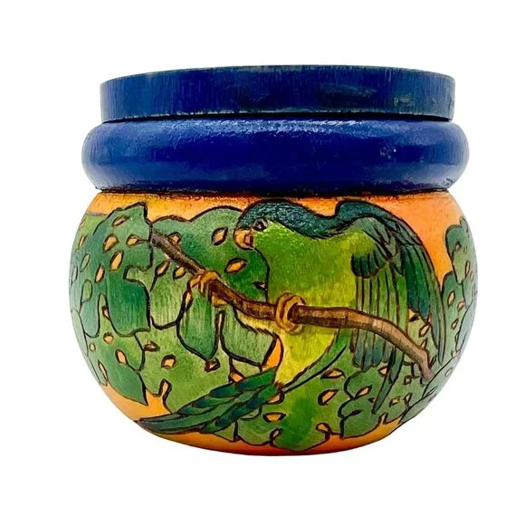 Hand-Painted Wooden Trinket Box Jar With Lid Parrot Paradise By C. Chan 2.5" H - Picture 4 of 9